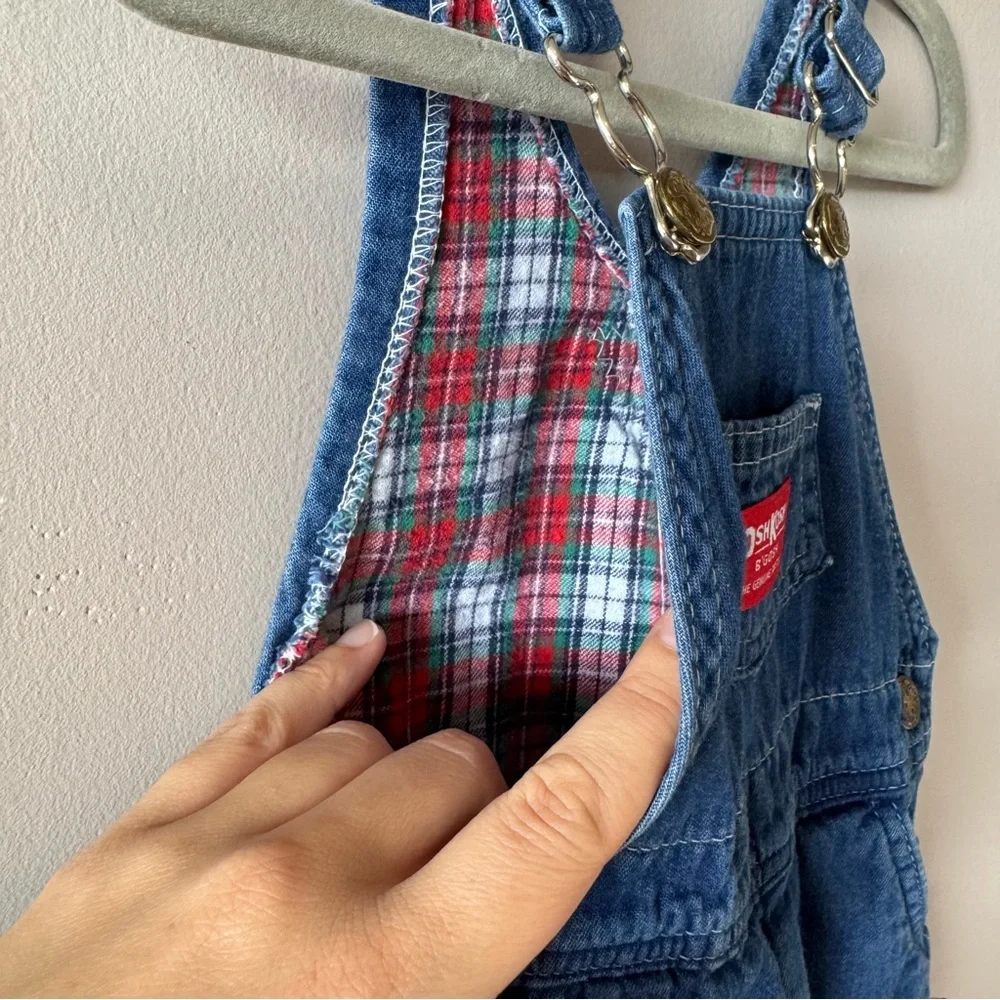 Vintage Osh Kosh‎ B’Gosh Baby Red Green Plaid Flannel Denim Overalls 6-9 months